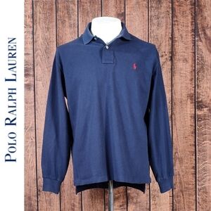 Vtg Navy Blue Waffle Knit Long Sleeve Polo With Red Pony Like New